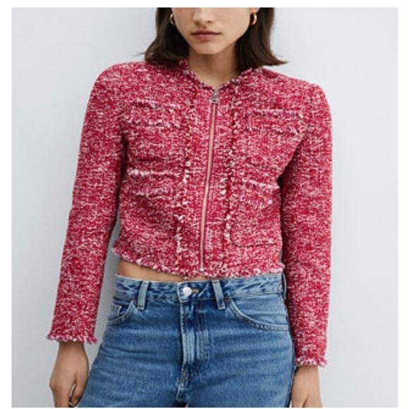 Mango Jackets & Blazers - MNG Mango Womens Red White Zip Up Tweed Jacket Raw Fringe Trim Size L